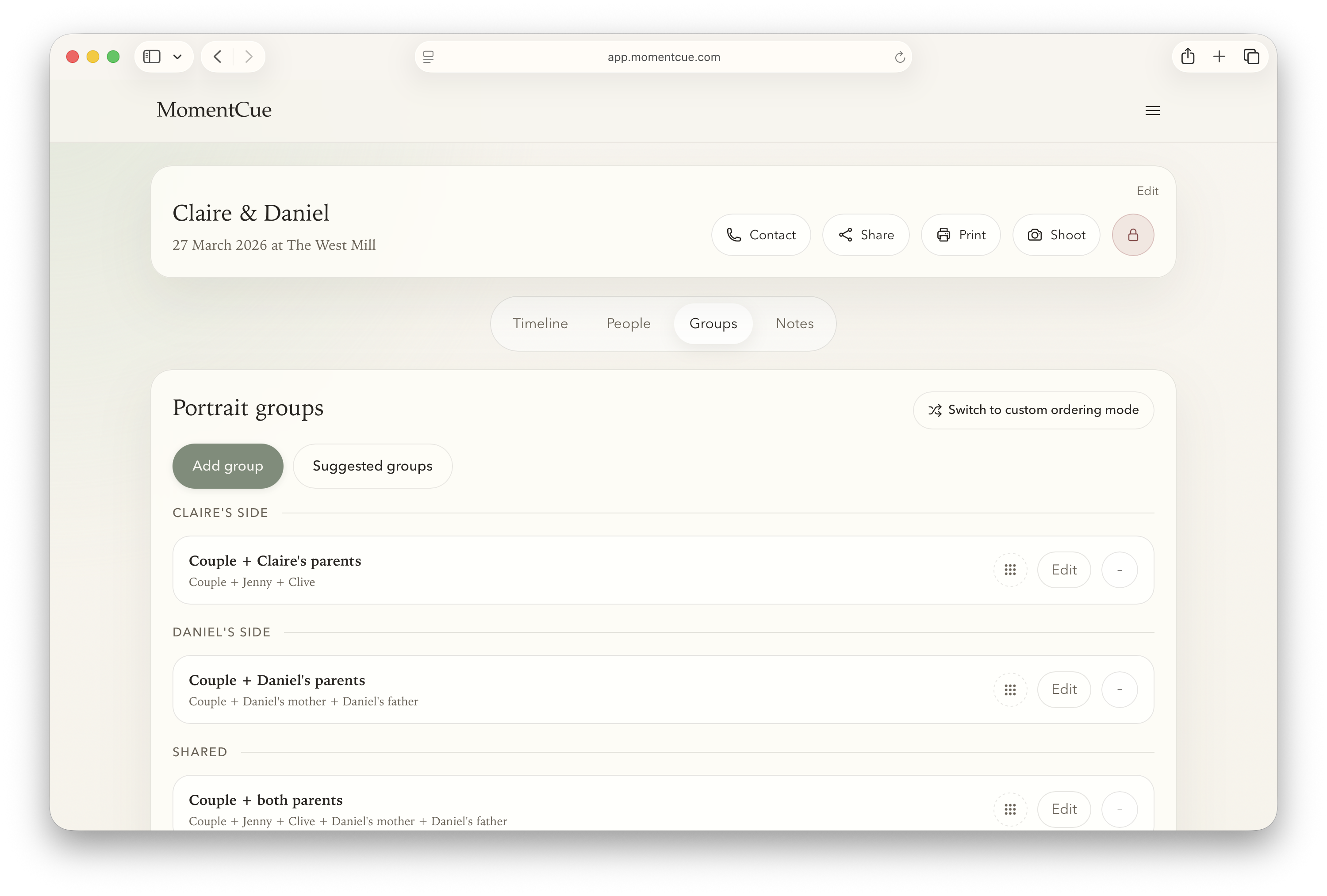 MomentCue wedding plan shown in a browser window.